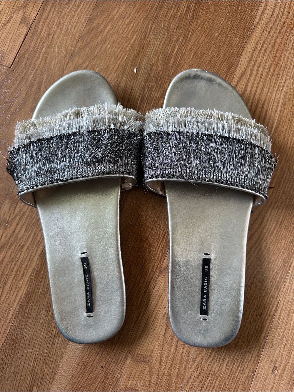 Zara Metallic Silver Fringe Slide Mules